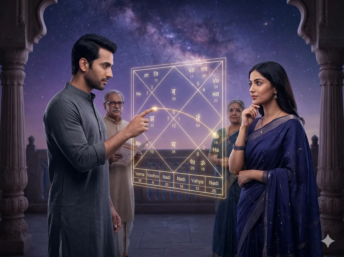 Couple reading their Kundali Milan compatibility chart under a starry temple sky
