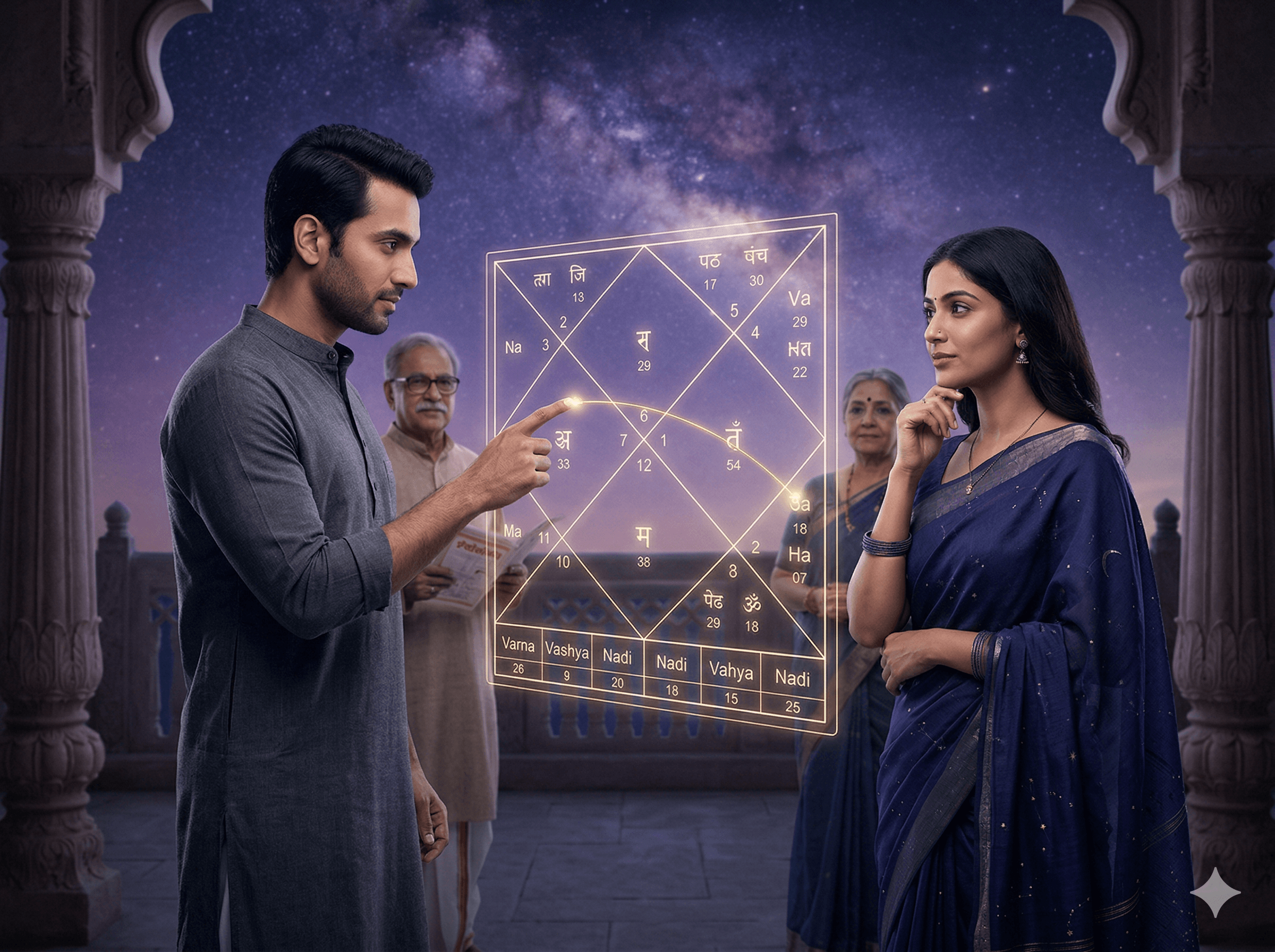 Couple reading their Kundali Milan compatibility chart under a starry temple sky